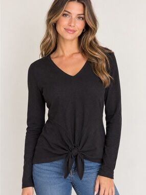 Alya Black V-Neck Long Sleeve Tie-Knot Top